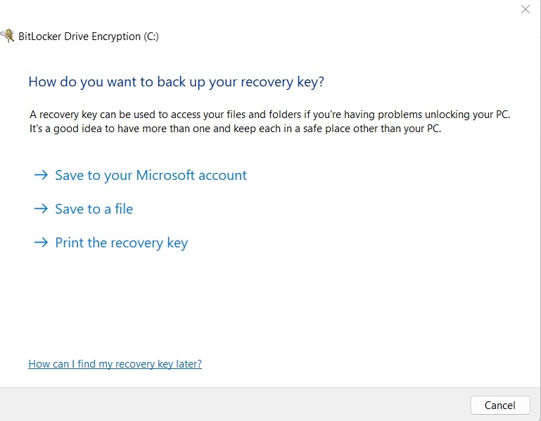 faça backup da chave de recuperação do bitlocker manualmente no Windows 11