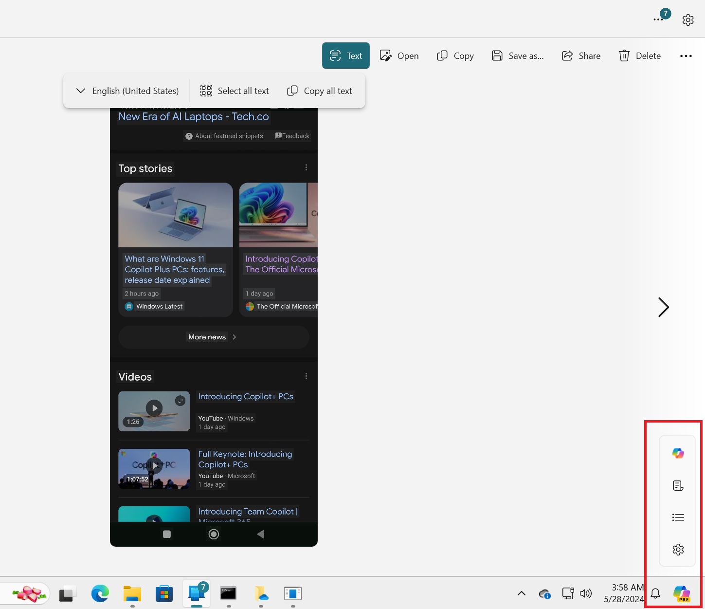 copilot context menu appears after copying text in phone link