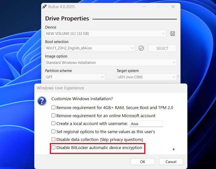 вимкнути шифрування bitlocker за допомогою rufus у windows 11