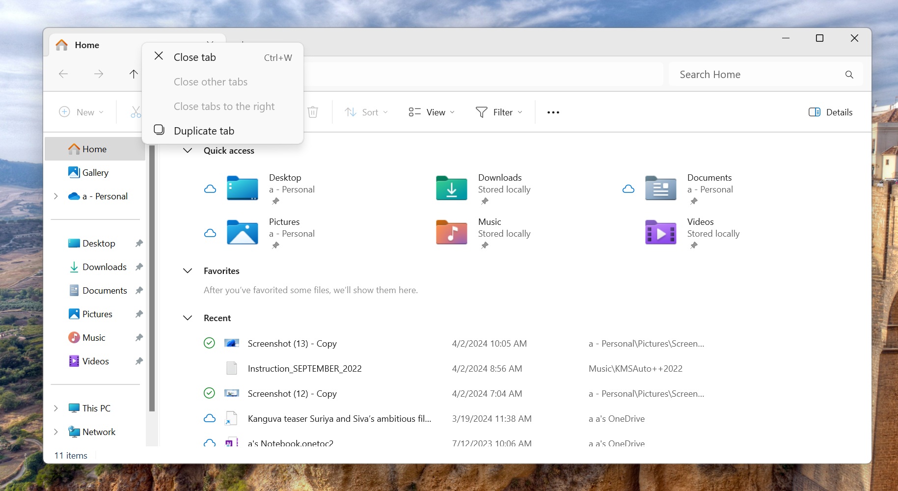 duplicate tabs feature in file explorer in Windows 11 Inisder beta