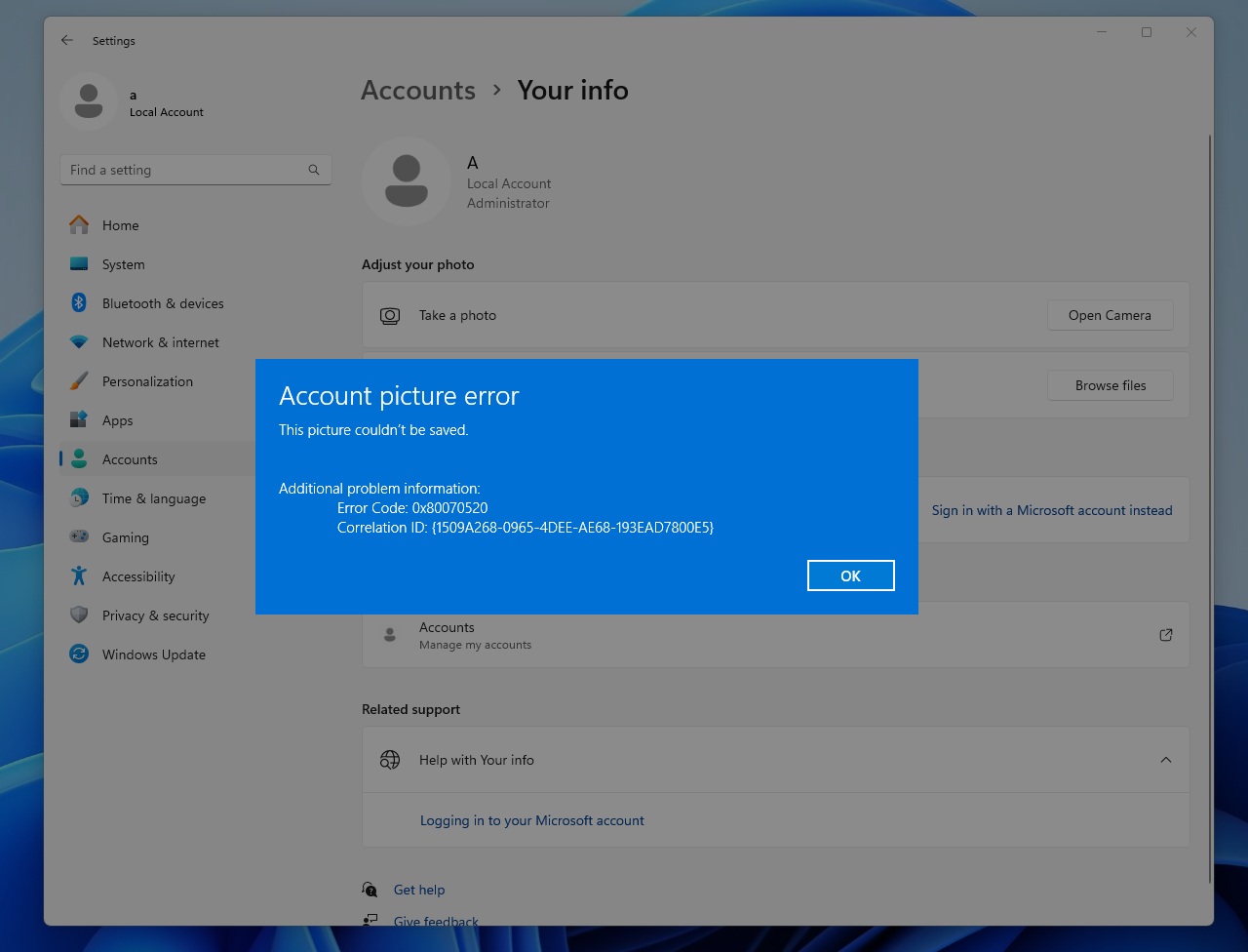 error while changing user account image in Windows 11 after KB5036893 update