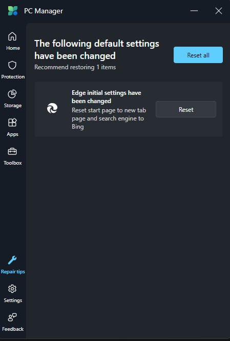 microsoft pc manager suggests to change edge settings as a repair tip