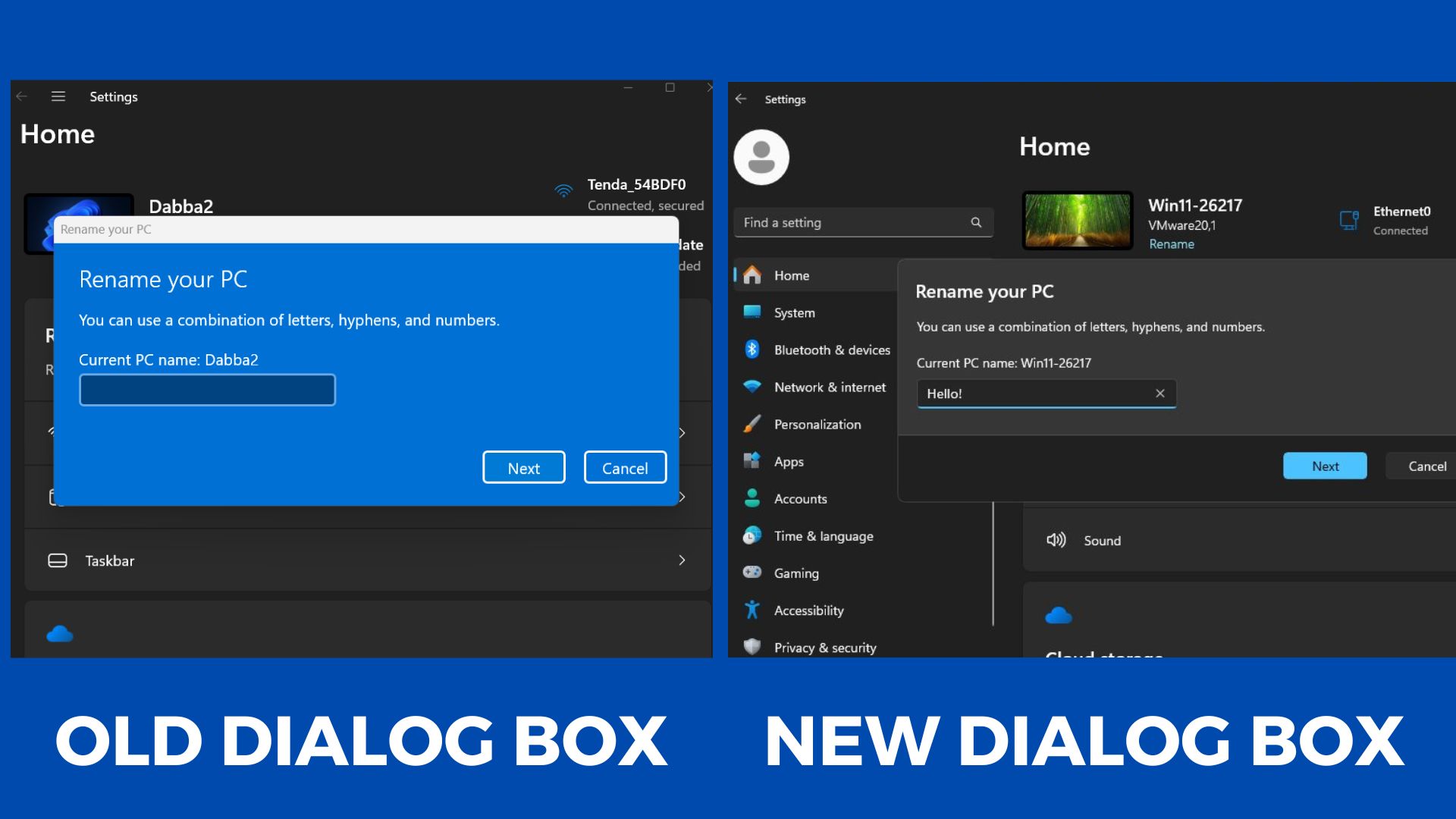 old and new rename your pc dialog box in windows 11