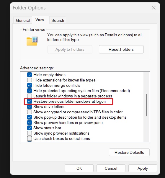 restore previous folder windows at logon setting in File Explorer