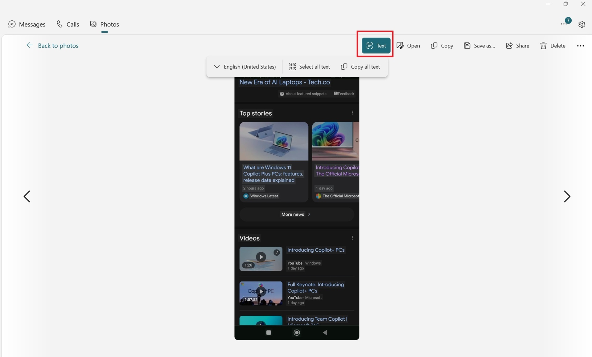 scan and copy text feature in phone link