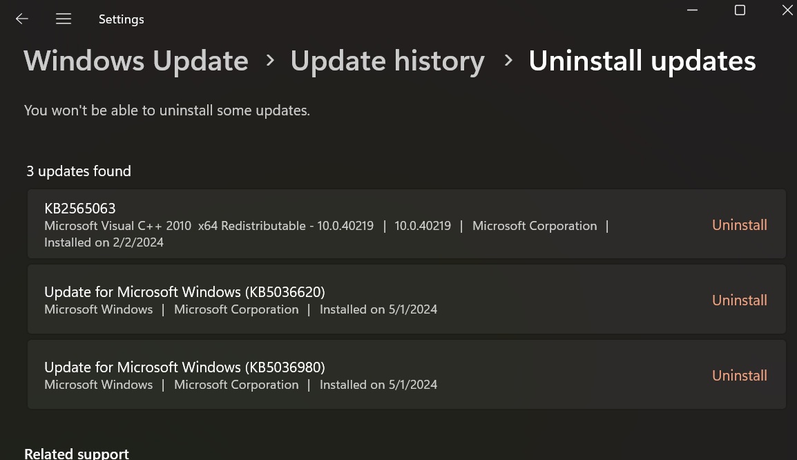 uninstalling the KB5036980 update in windows 11