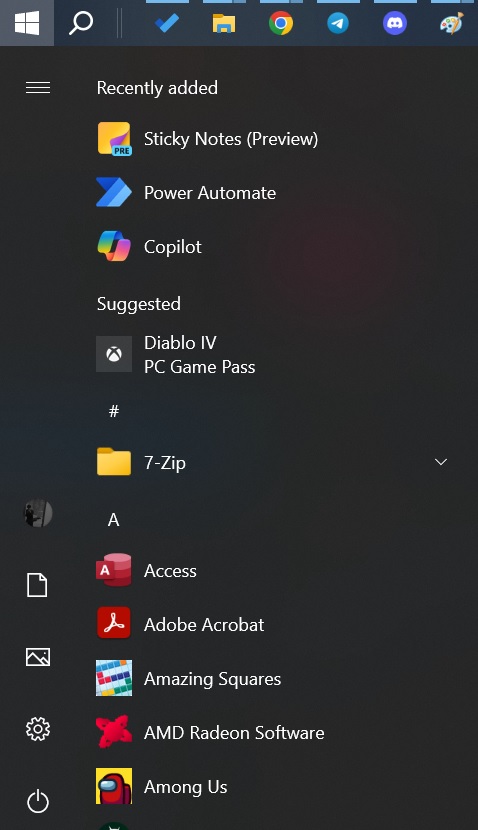 Sticky Notes in the Start menu