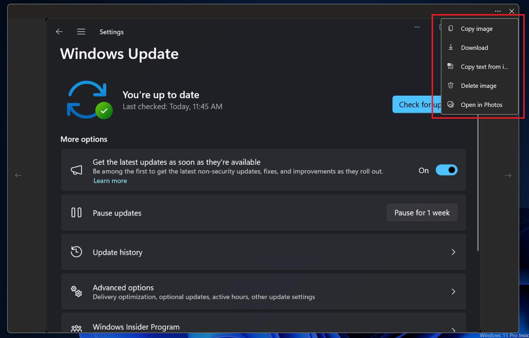 context menu option in new snipping tool app