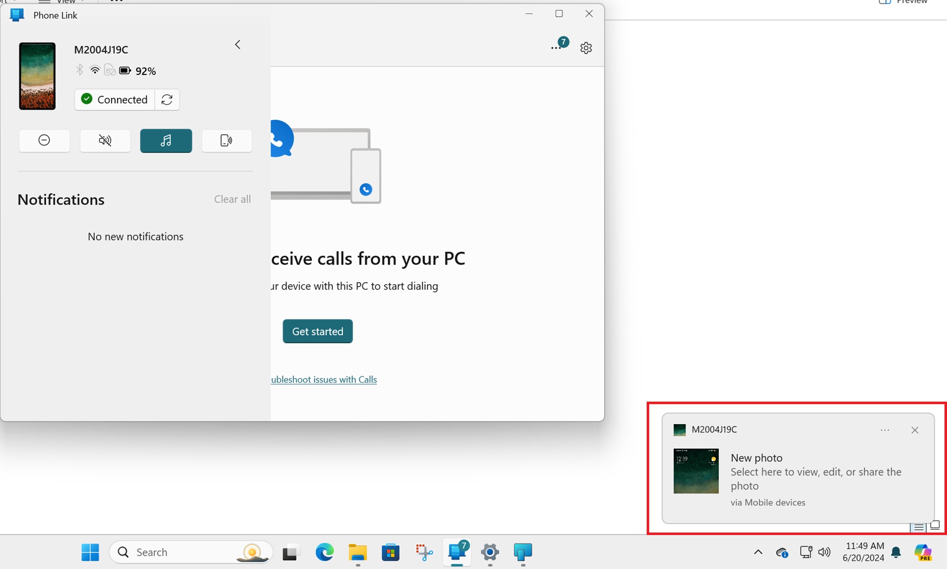 notification to edit screenshot captured on phone in windows 11 pc