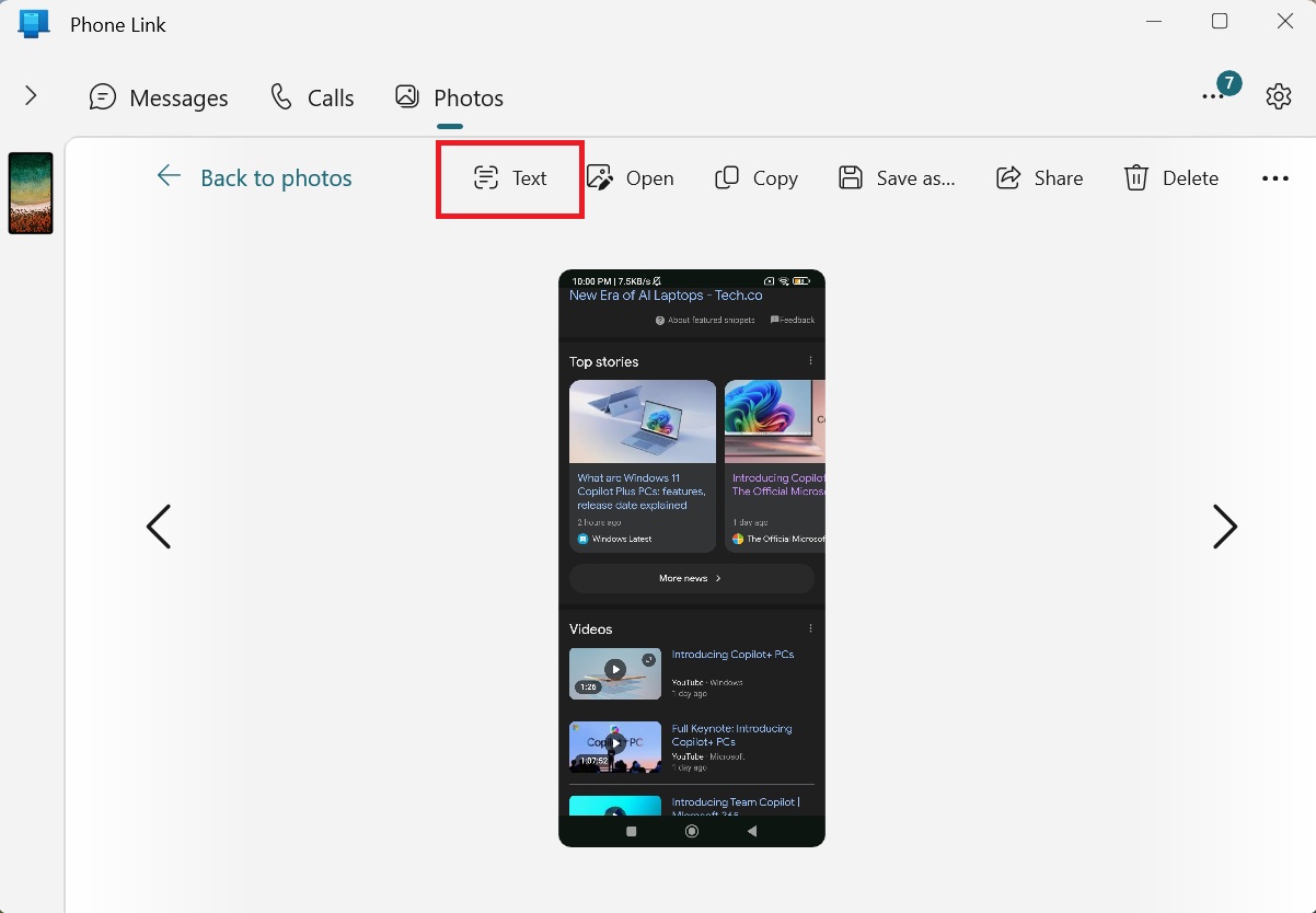 scan text in image in phone link app windows 11