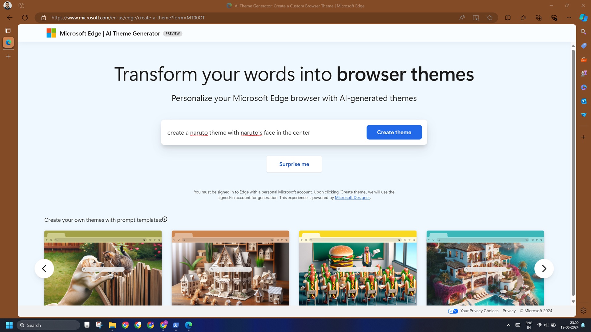 trying ai theme generator in edge browser
