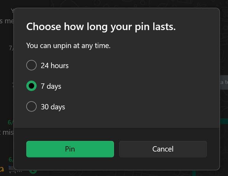 Choose how long to pin messages