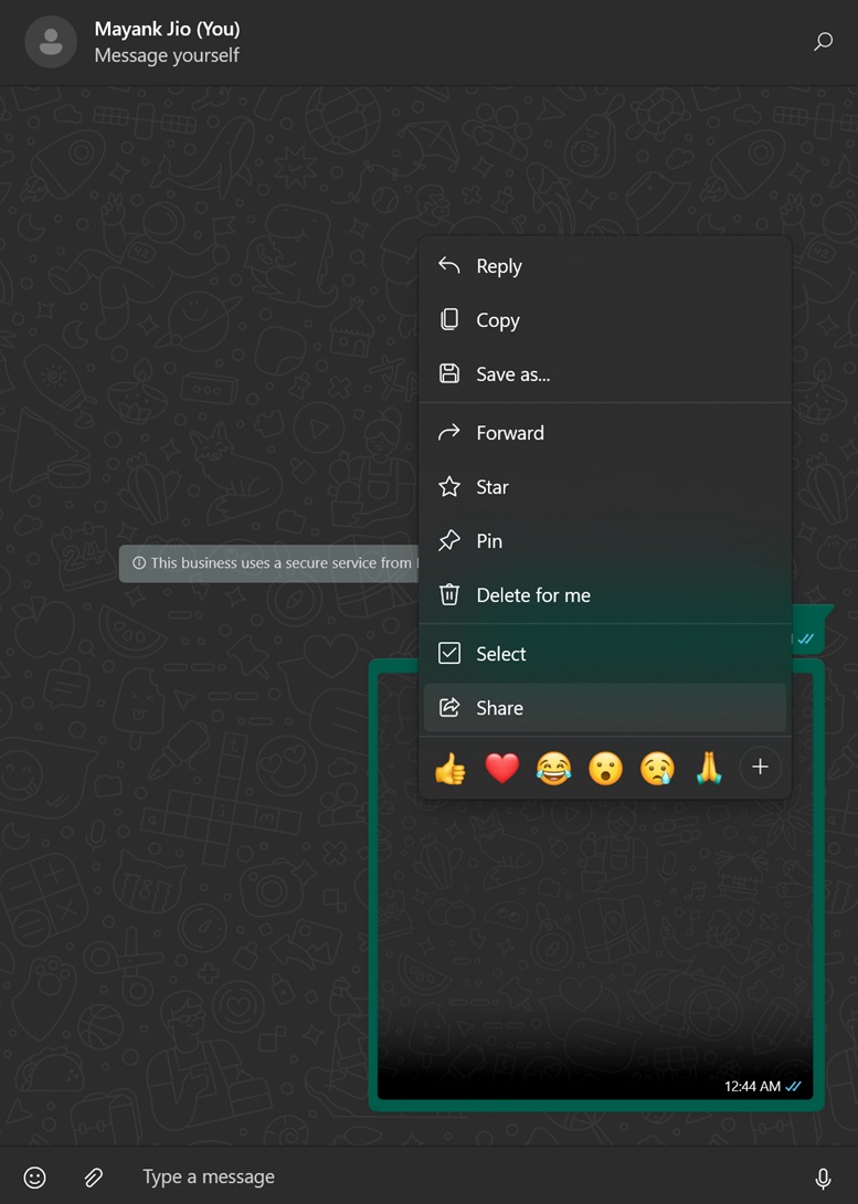 WhatsApp share UI on Windows 11