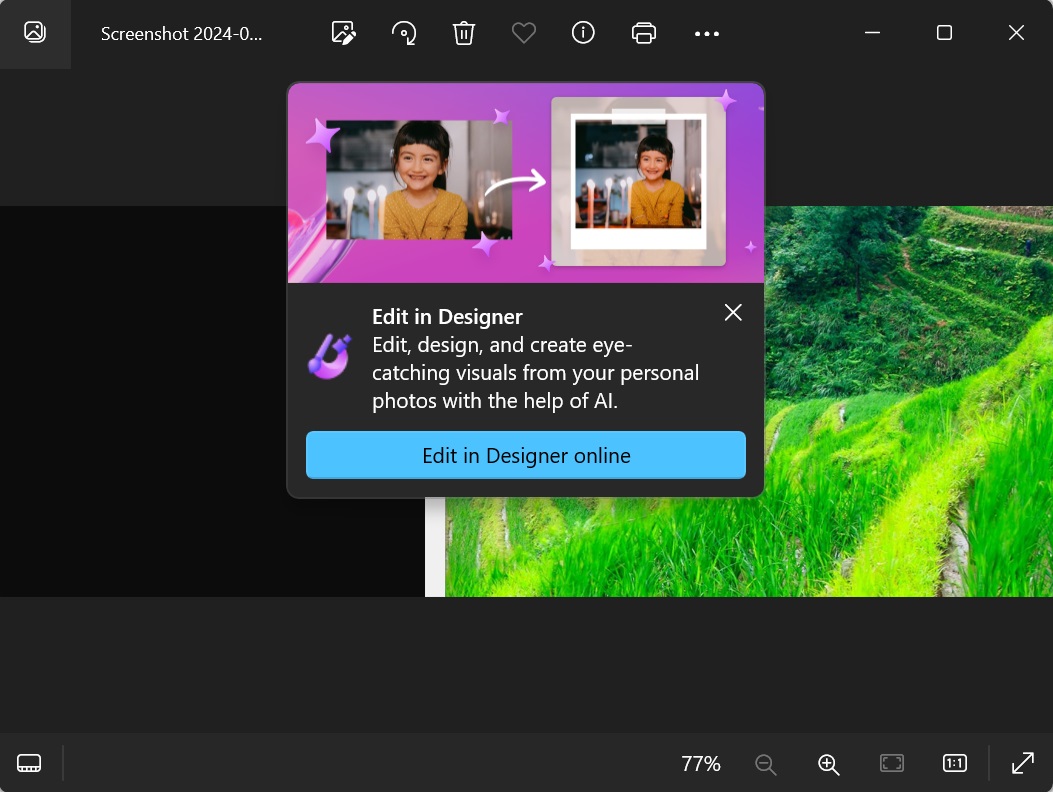 edit in designer feature in Windows 11 photos app
