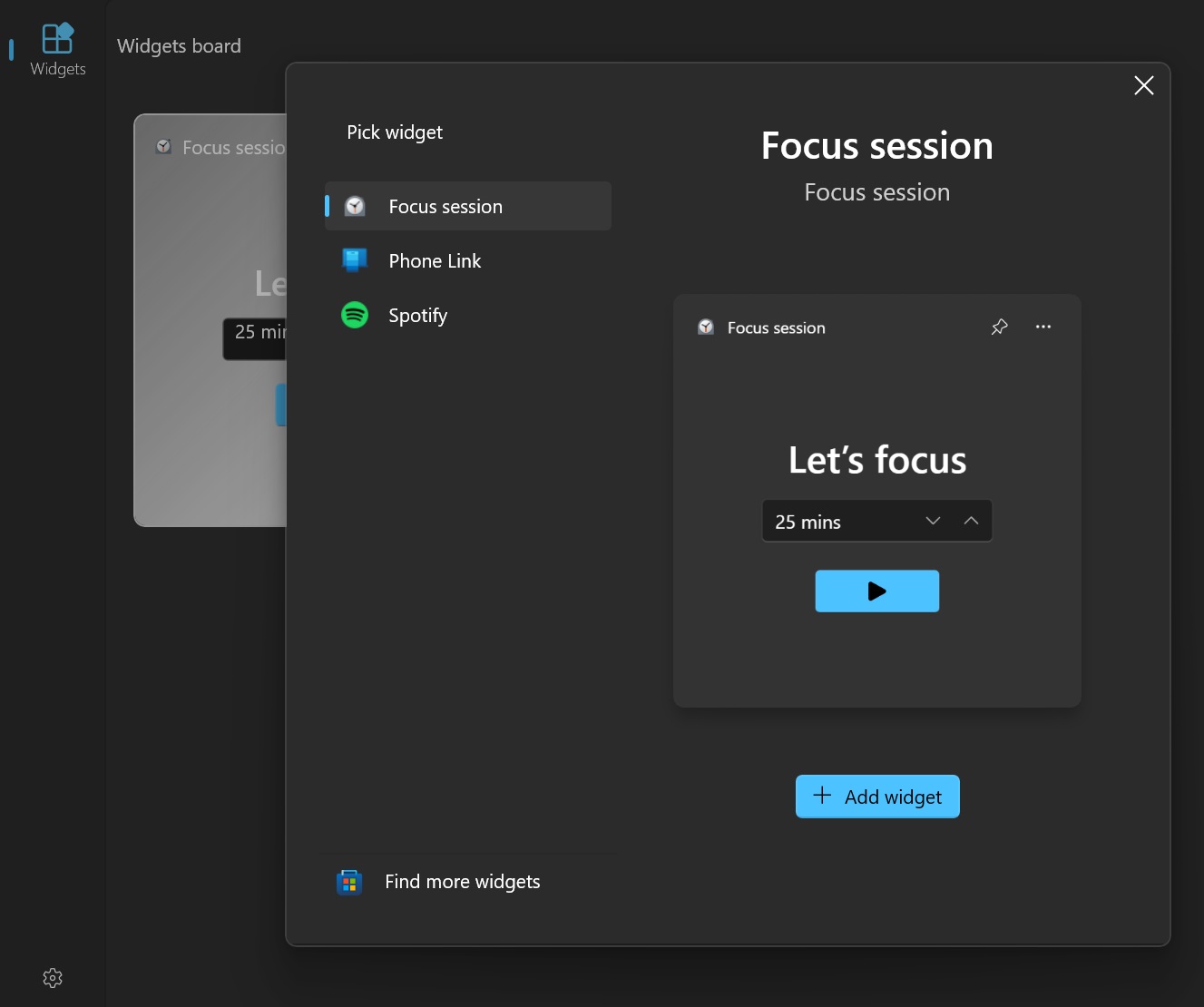 fewer options in the widget picker in windows 11