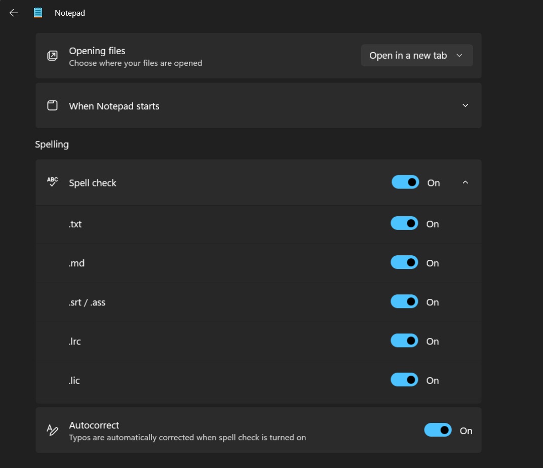 spellcheck and autocorrect feature settings in notepad windows 11
