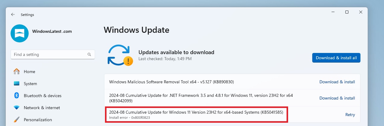 KB5041585 update issue with install error 0x800f0823
