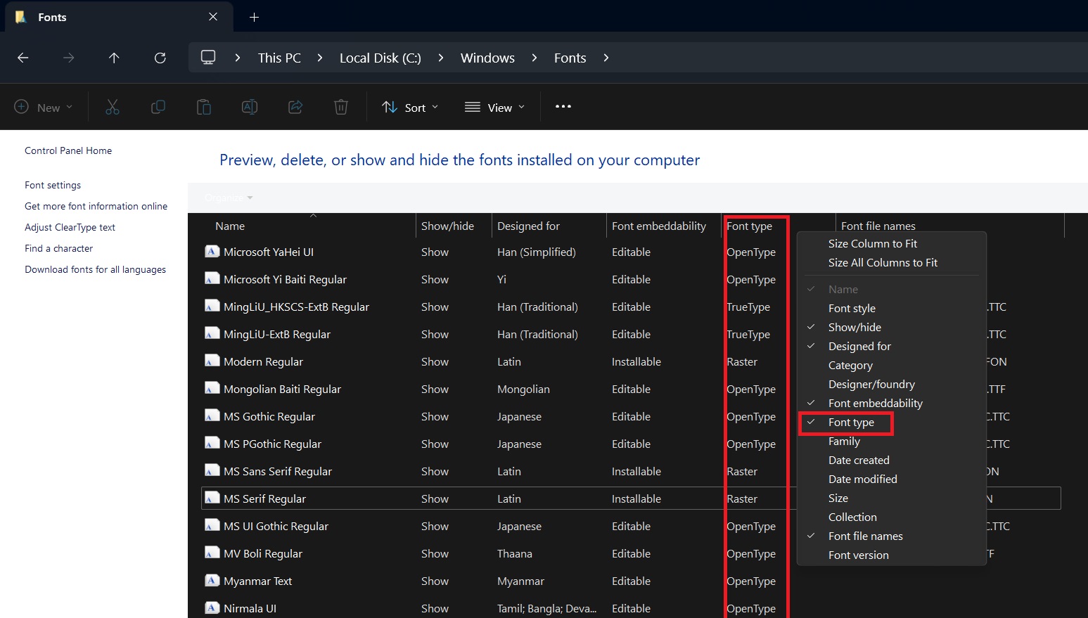 checking font type using file explorer in windows 11