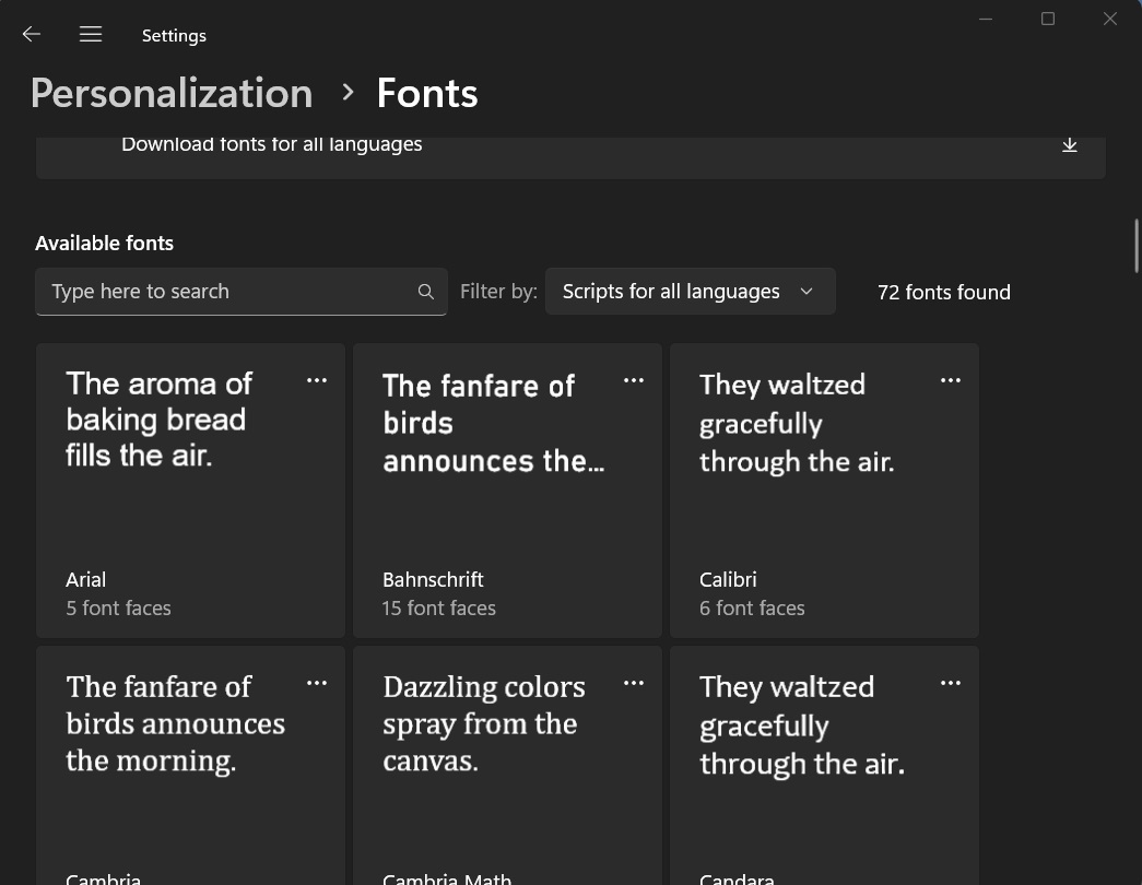 checking installed fonts list in settings app windows 11