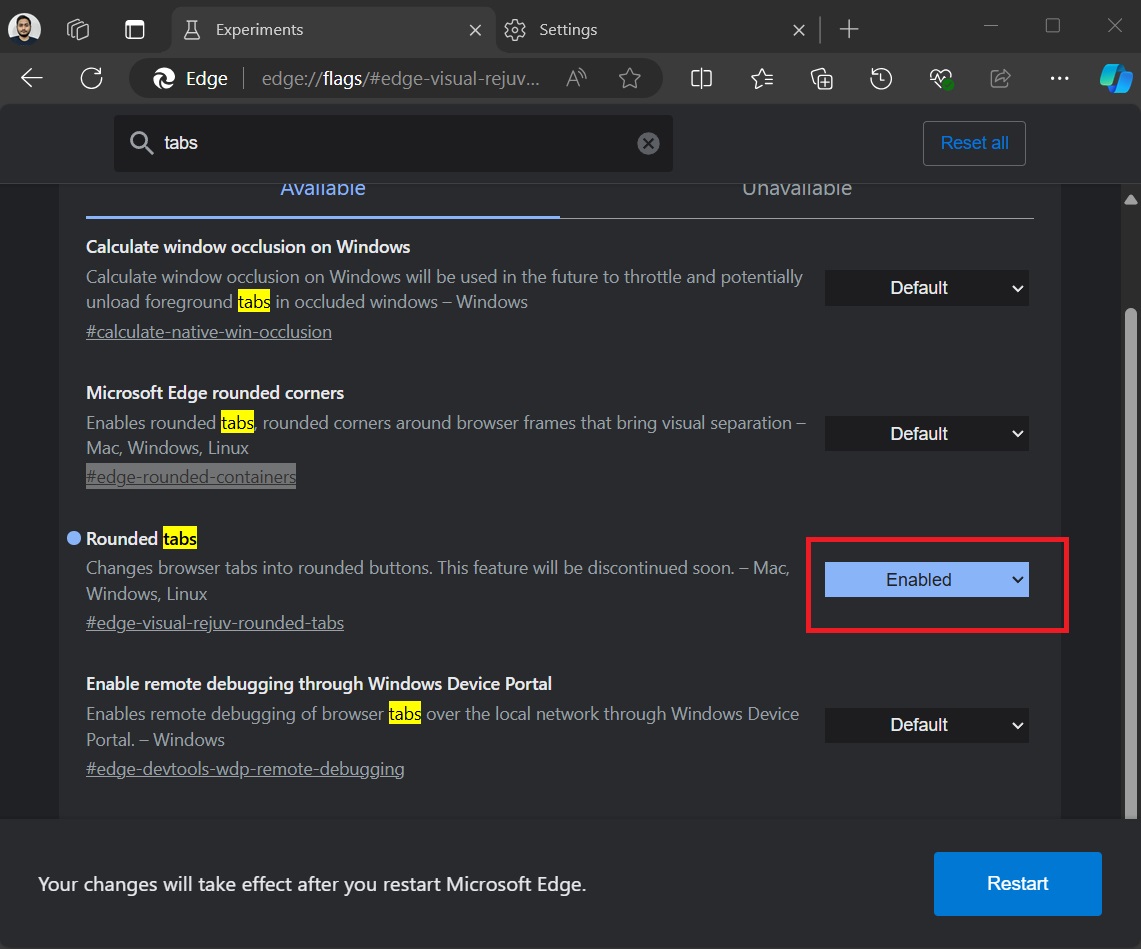 enable rounded tabs in edge
