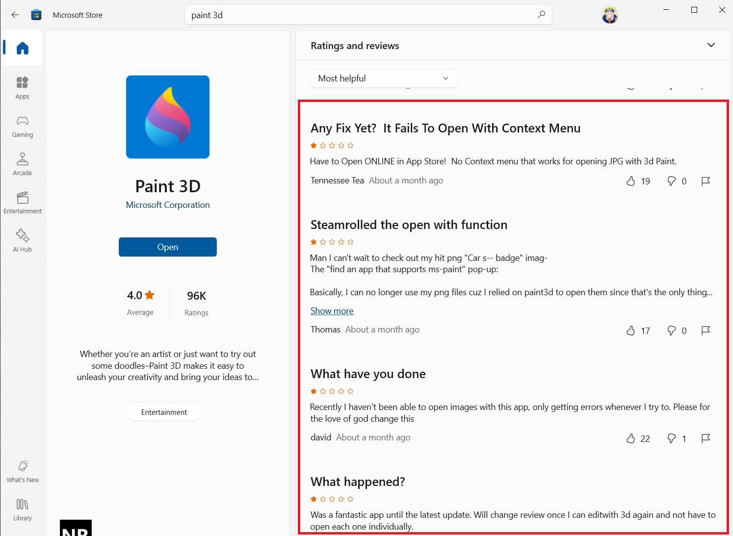 negative reviews after paint 3d stops appearing in the Open with menu on Windows