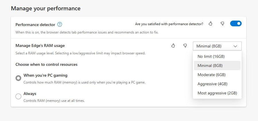 new ram presets to limit ram usage in Edge