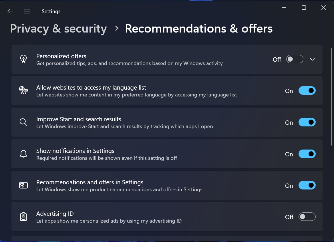 new recommendations and offers page in windows 11 insider preview