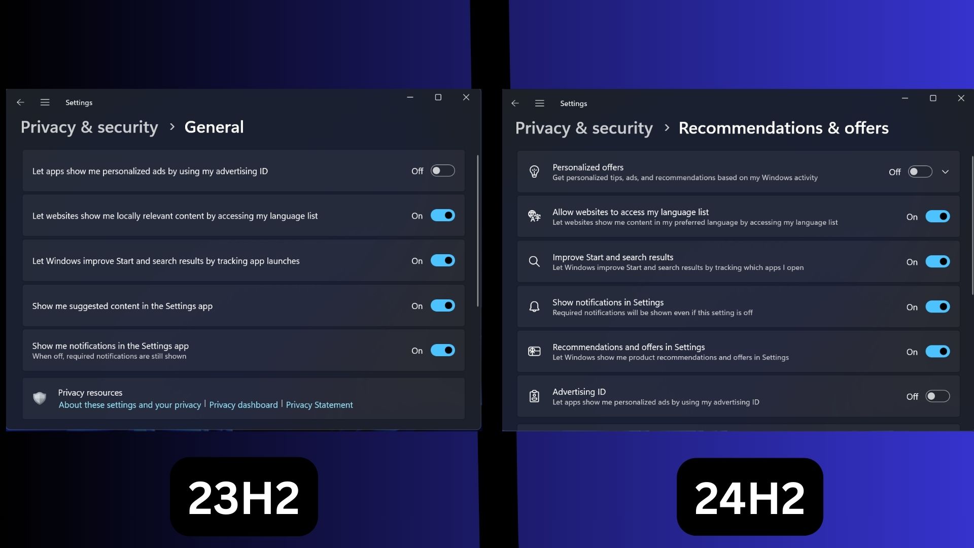 privacy and security setting page comparison in 23h2 and 24h2 windows 11