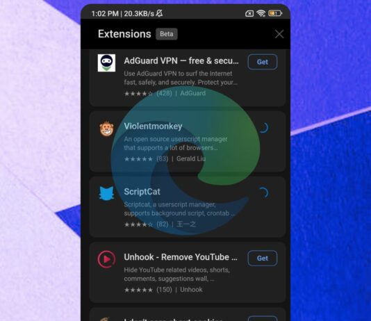 Edge on Android tests a few more extensions hidden by default