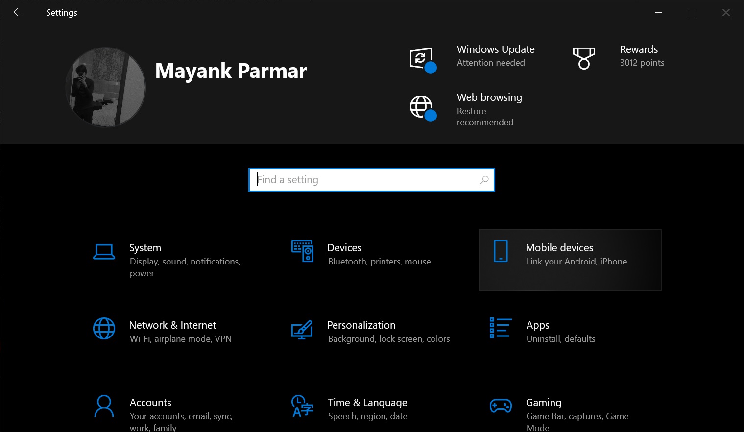Mobile devices page in Windows 10