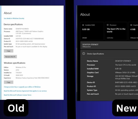 about page comparison in windows 10 22h2