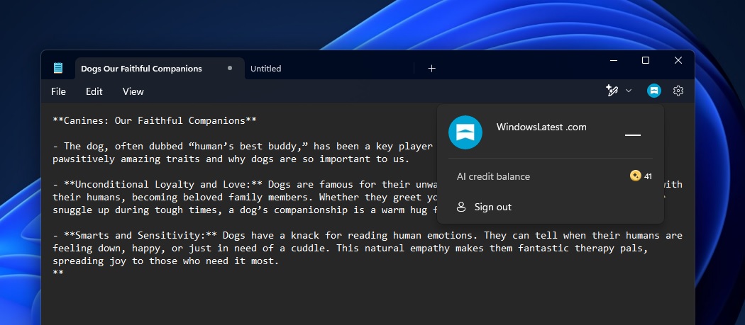 AI Credit Balance in Notepad