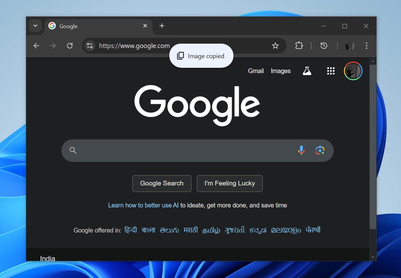 Image copied pop-up in Chrome