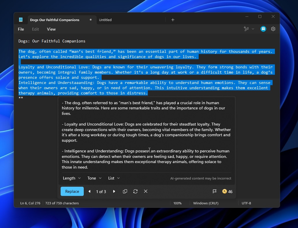 Notepad AI selection menu