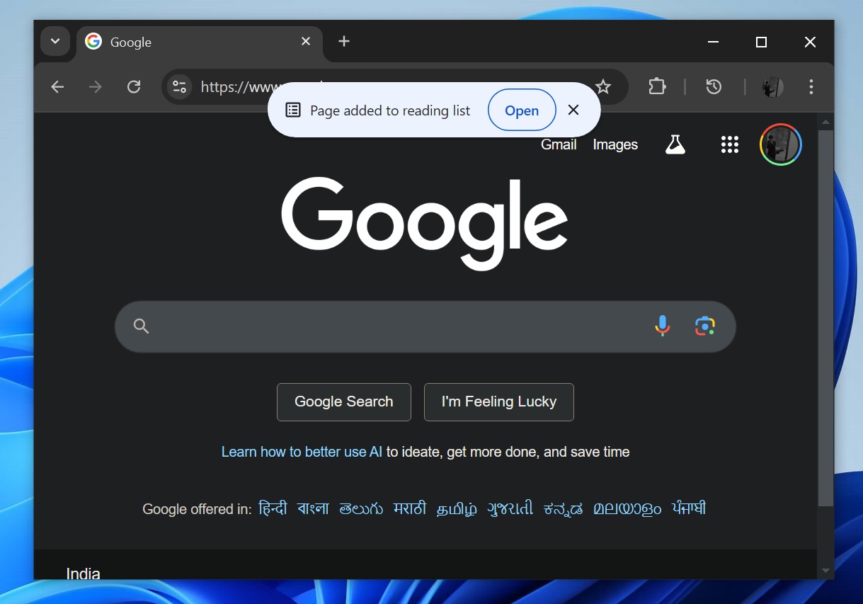 Page adding to reading list pop-up