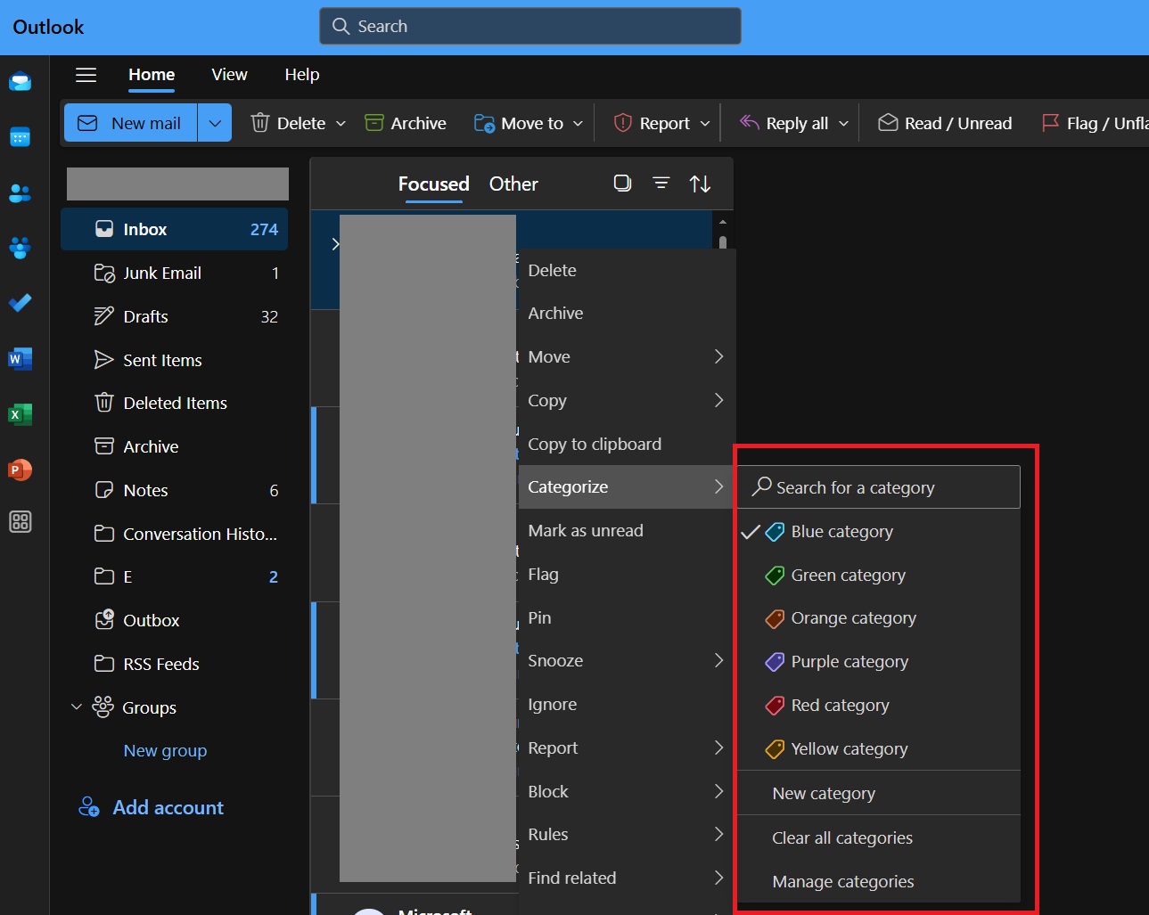 categories context menu in new Outlook app