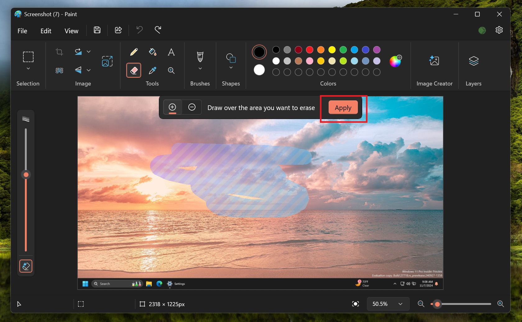 using generative erase in paint windows 11 insider 24h2