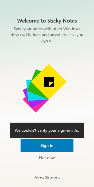Sticky Notes sign in error