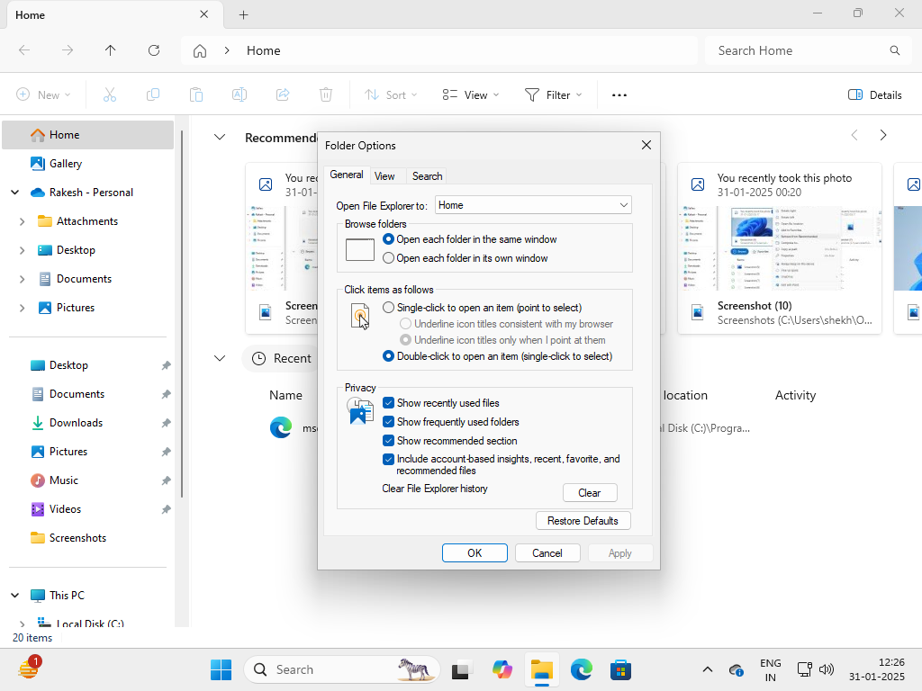 File Explorer turn on recommended section