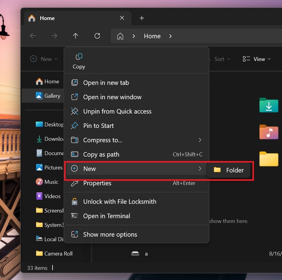 File Explorer menu with right-click new folder