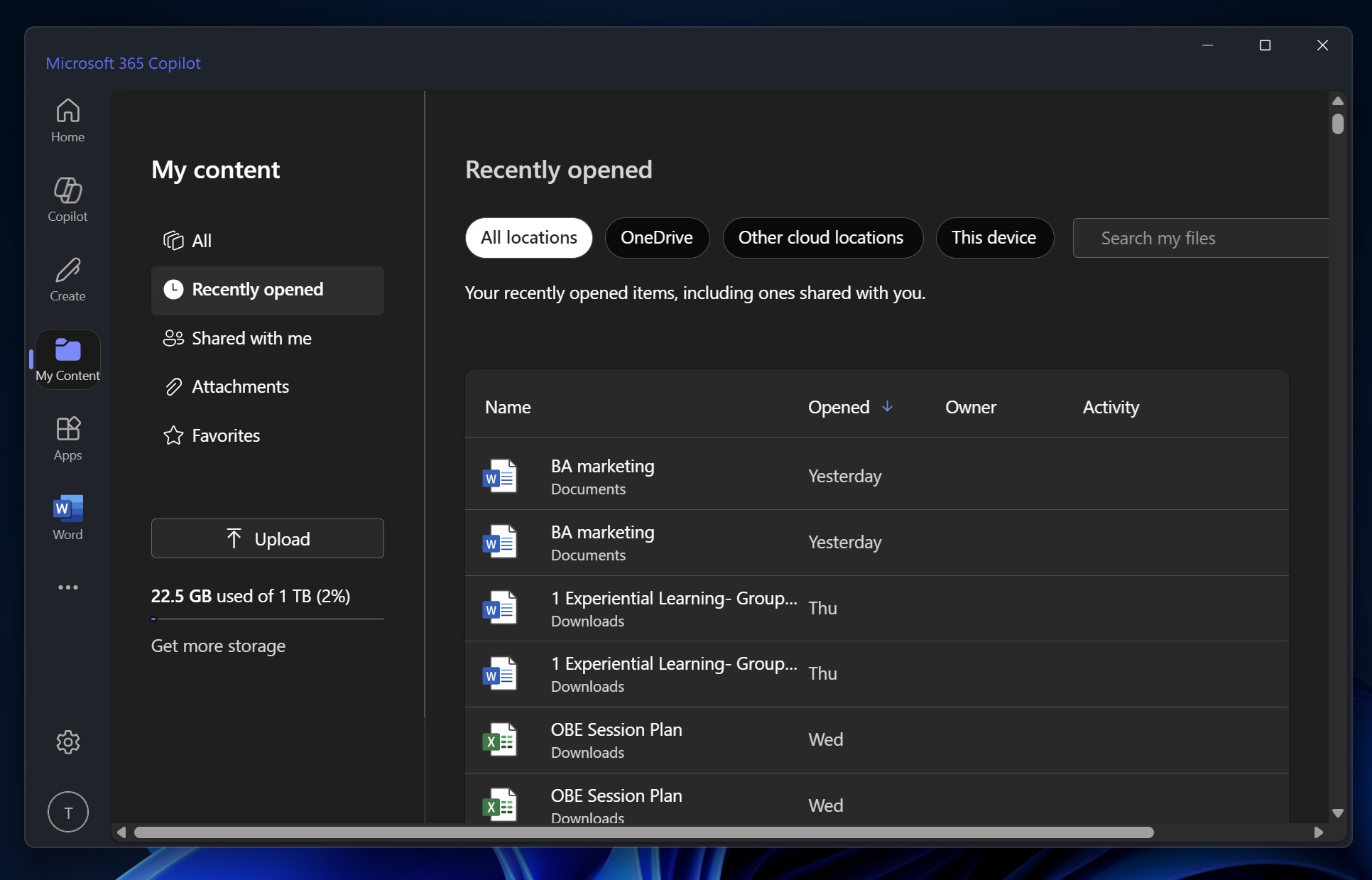 Microsoft 365 Chat My content tab