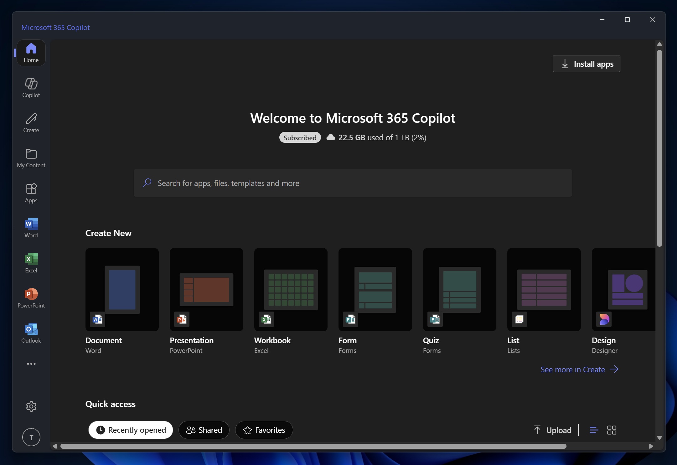 Microsoft 365 Copilot Home tab
