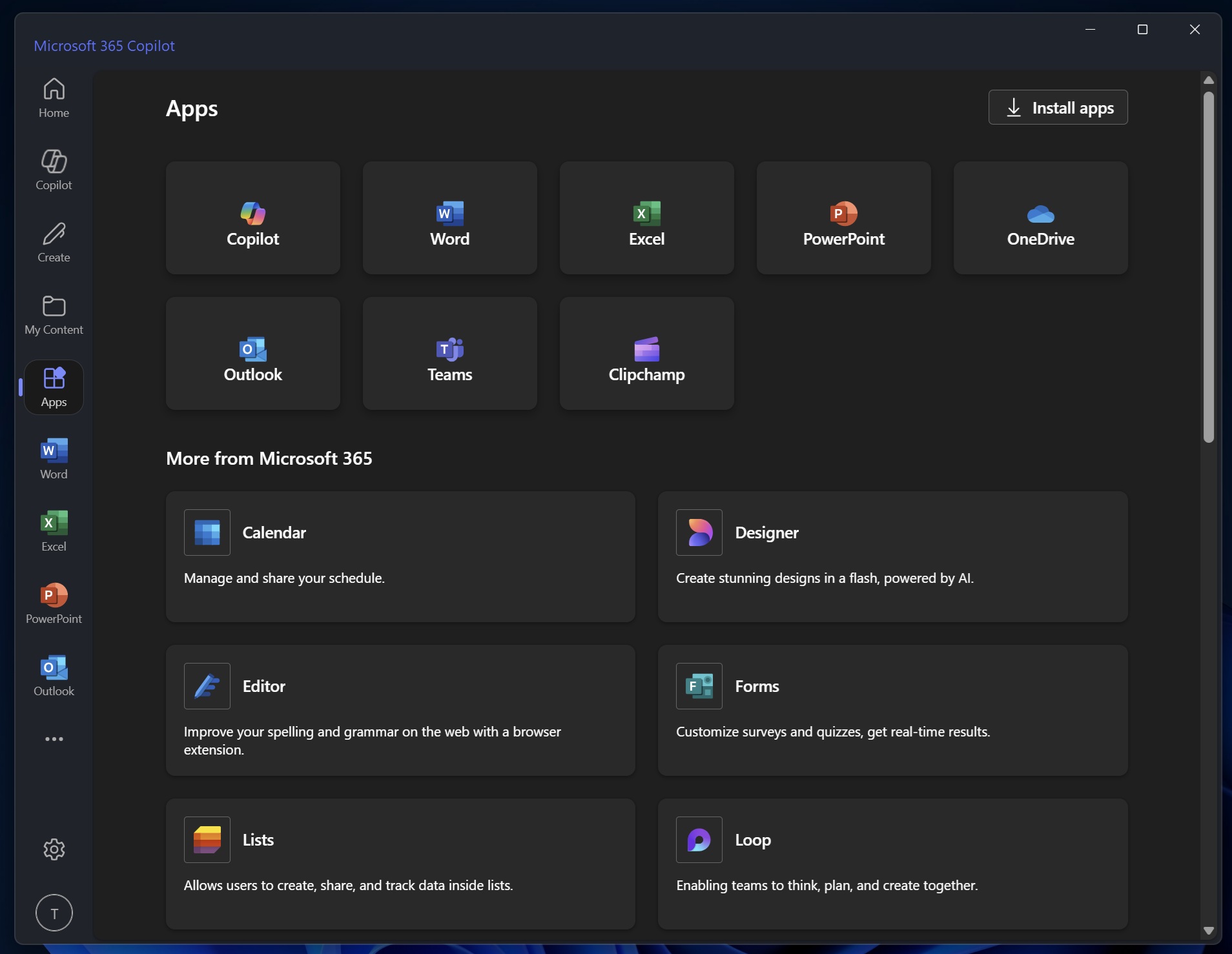 Microsoft 365 Copilot apps tab