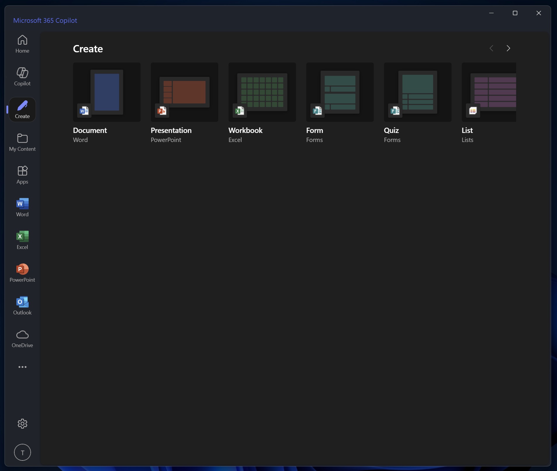 Microsoft 365 Create tab