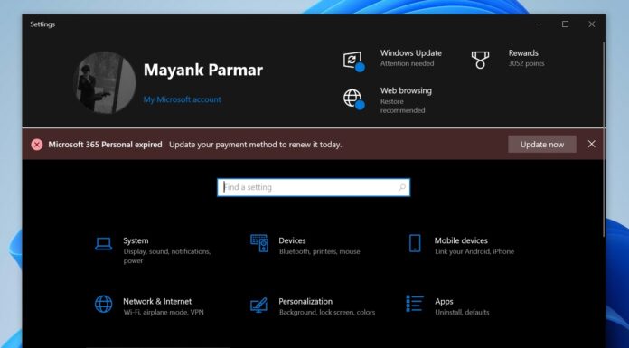 Microsoft 365 alert in Windows 10