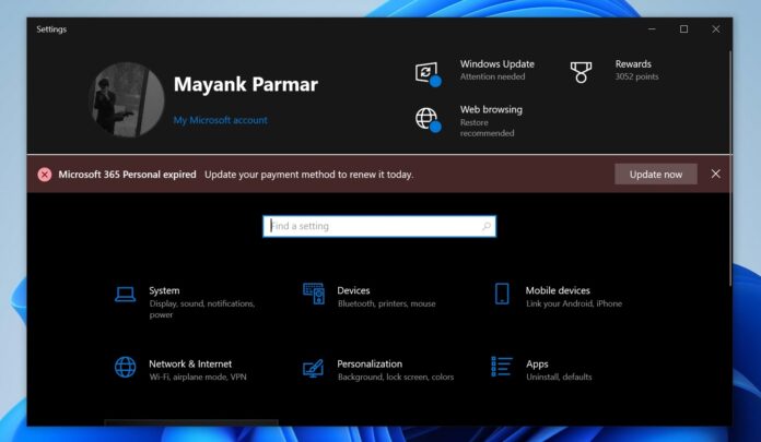 Microsoft 365 alert in Windows 10
