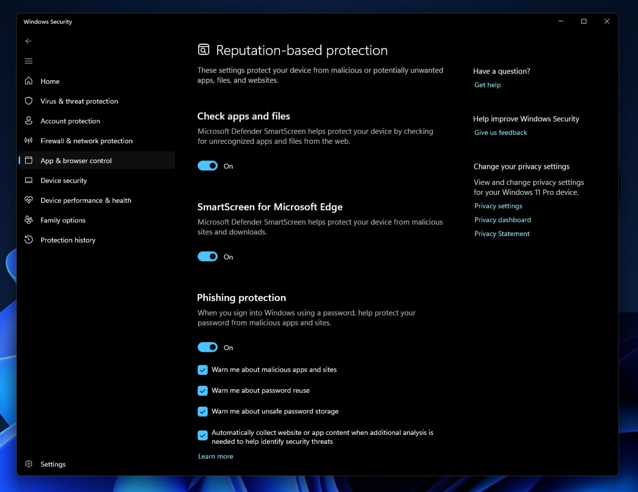 Phishing protection in Windows 11