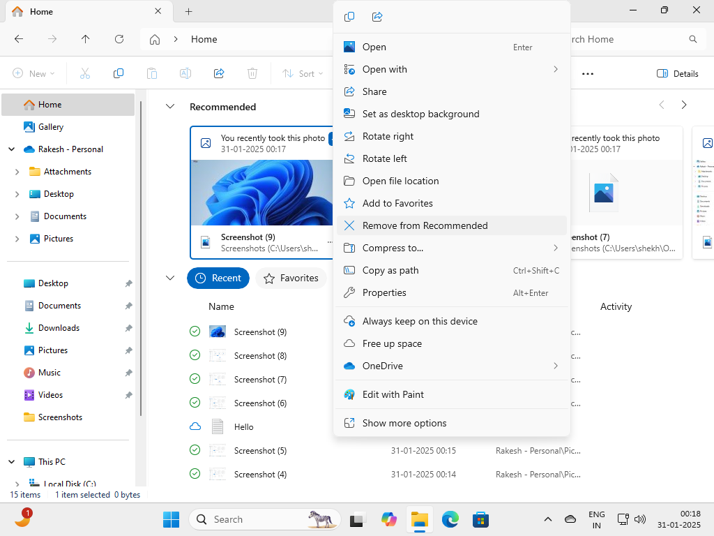 File Explorer with recommended section