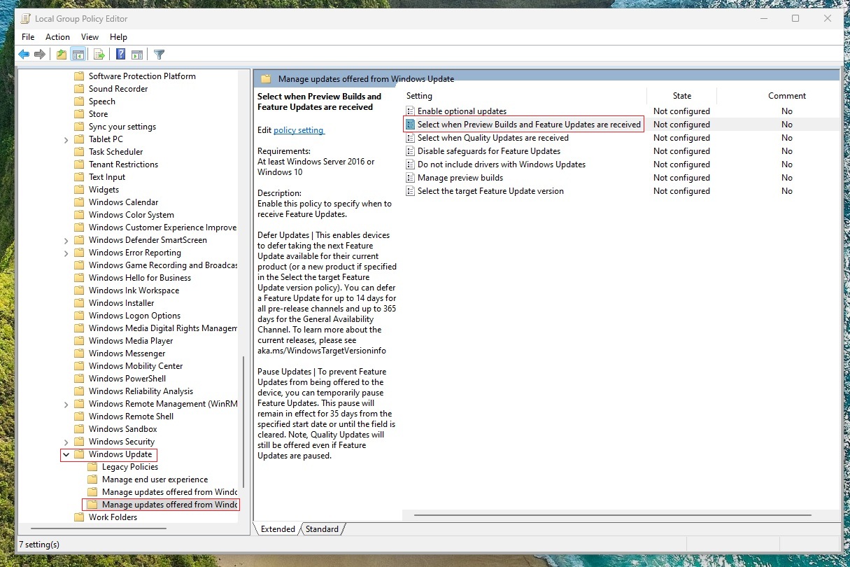 Select when Preview builds and Feature Updates are received