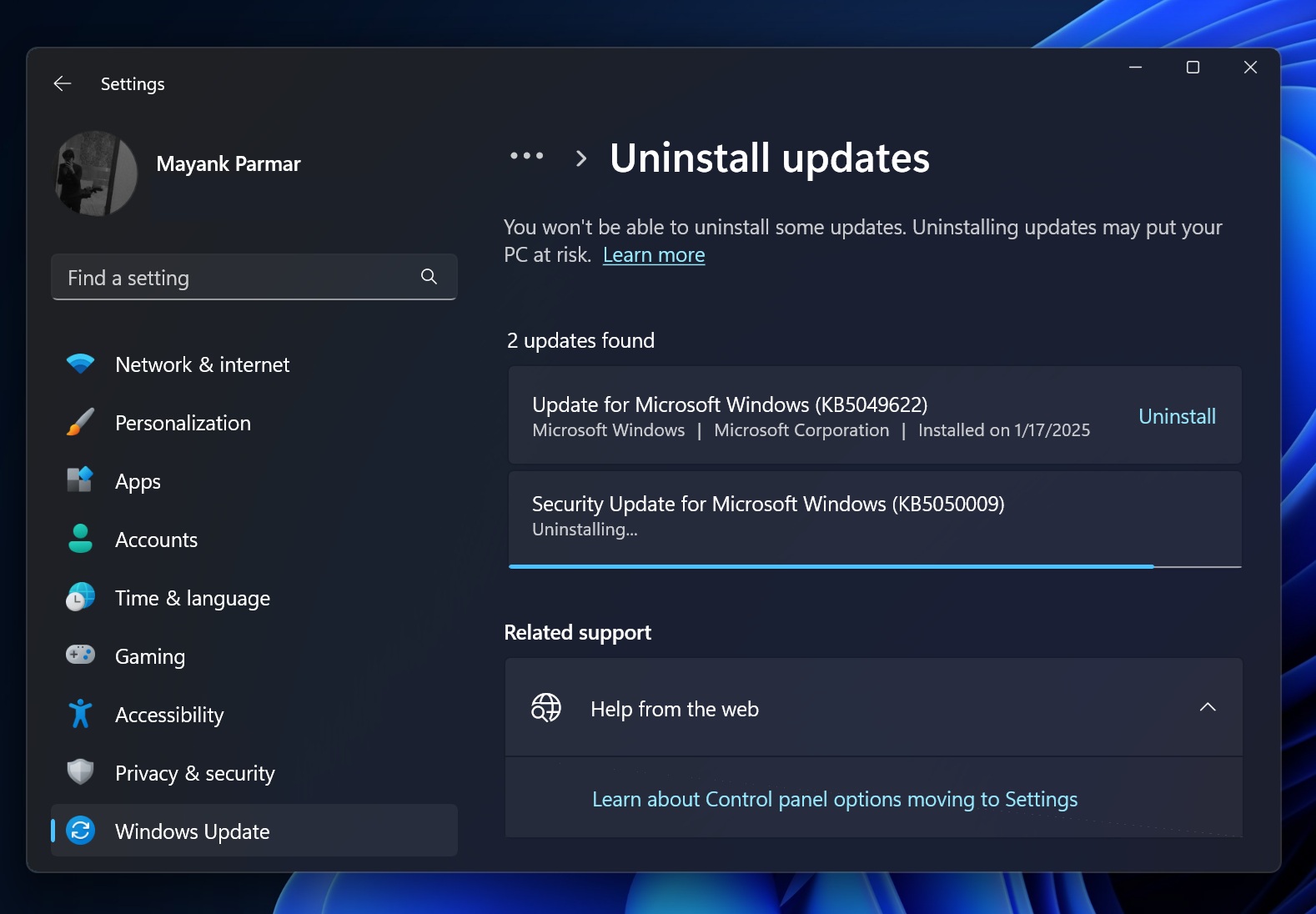 Uninstall Windows 11 KB5050009